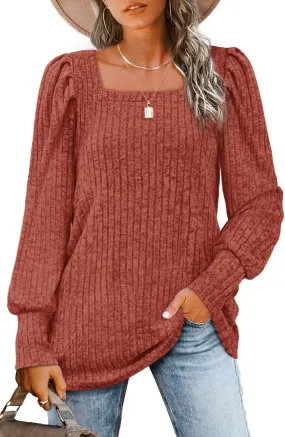 WIHOLL Long Sleeve Shirts for Women Trendy Casual Square Neck Tops Lightweight Sweaters