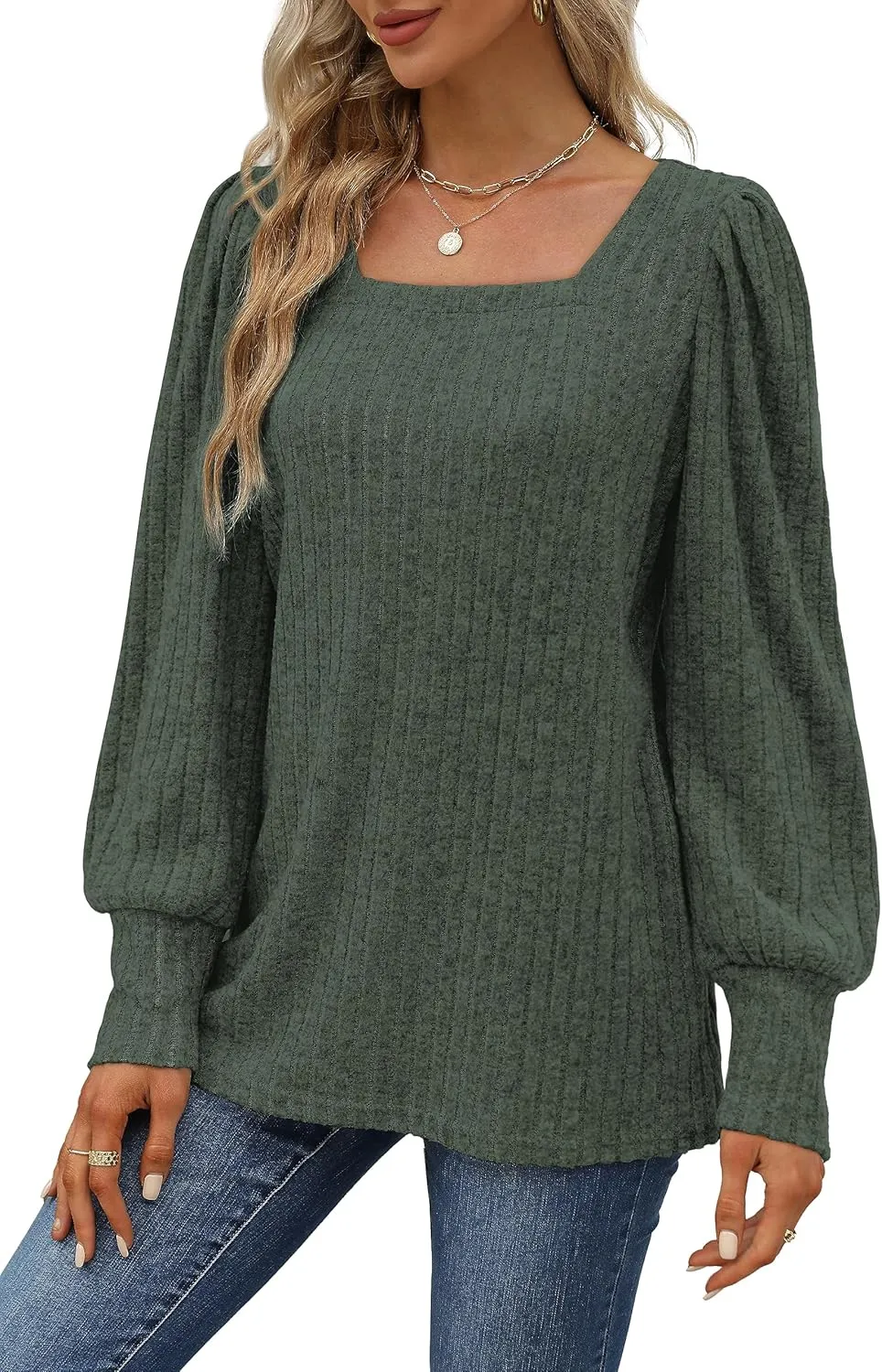WIHOLL Long Sleeve Shirts for Women Trendy Casual Square Neck Tops Lightweight Sweaters