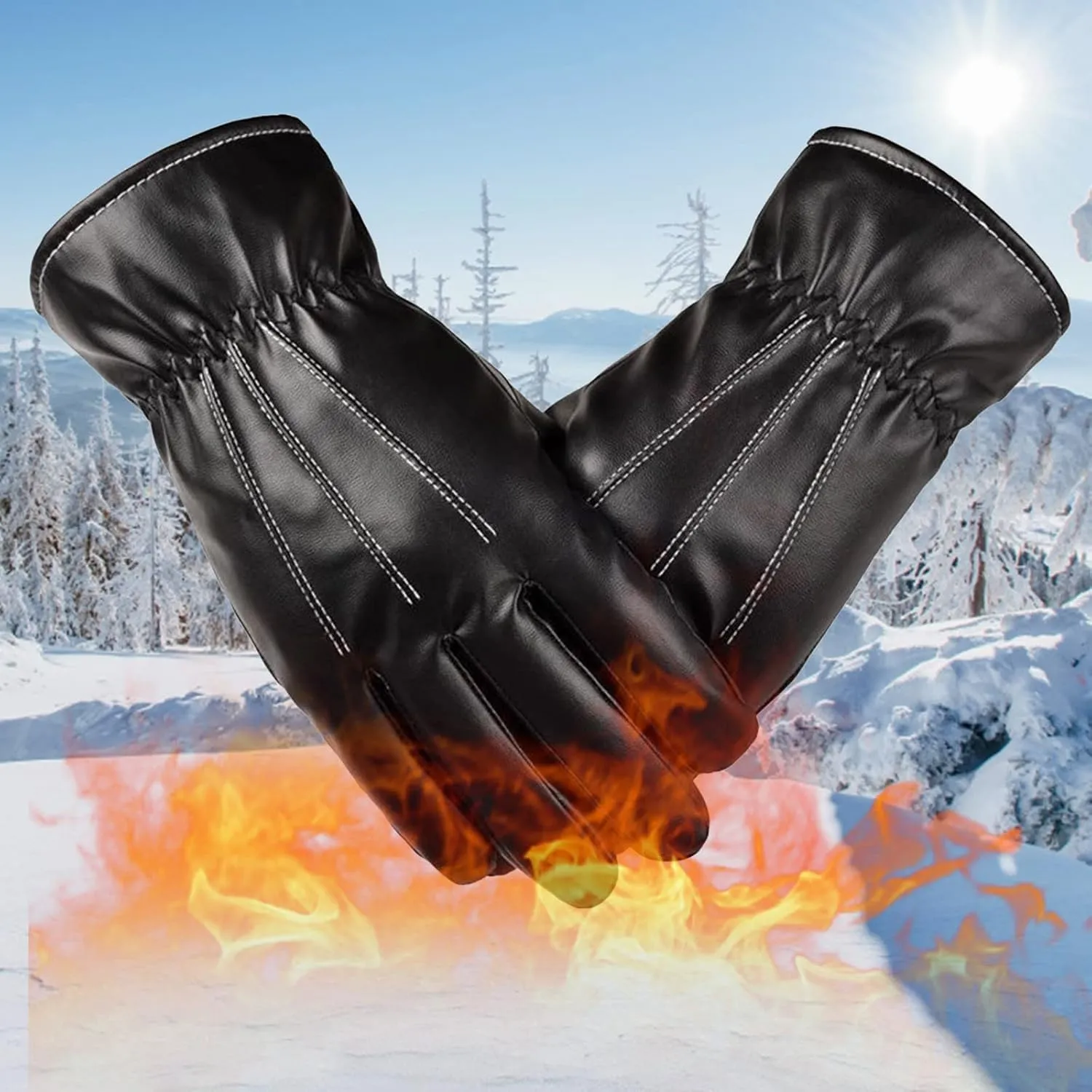 Winter PU Leather Gloves for Men Warm Touchscreen Texting Windproof Driving Motorcycle Gloves Cold Weather