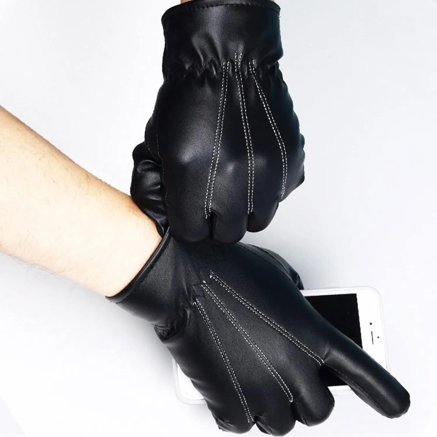 Winter PU Leather Gloves for Men Warm Touchscreen Texting Windproof Driving Motorcycle Gloves Cold Weather