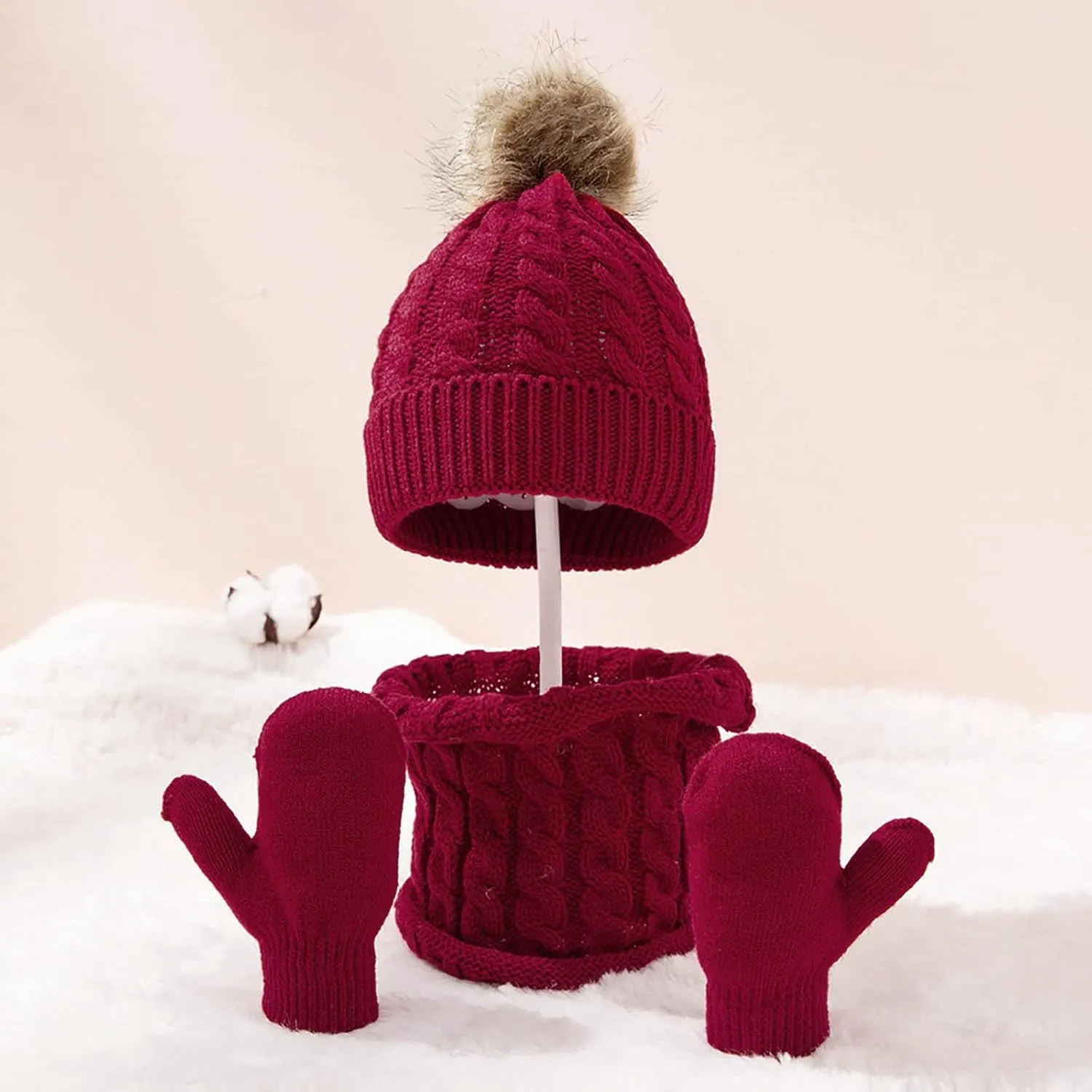 Women Winter Beanie Hat Scarf Gloves Set Fleece Thick Beanie Hat with Pom Pom Knit Neck Scarf Touchscreen Gloves Ski Set