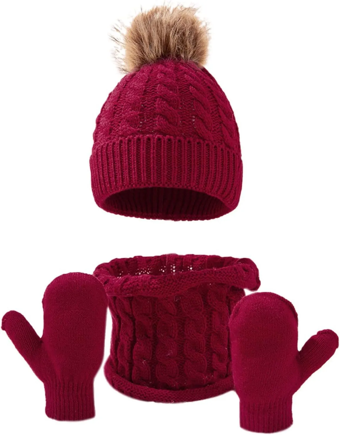 Women Winter Beanie Hat Scarf Gloves Set Fleece Thick Beanie Hat with Pom Pom Knit Neck Scarf Touchscreen Gloves Ski Set