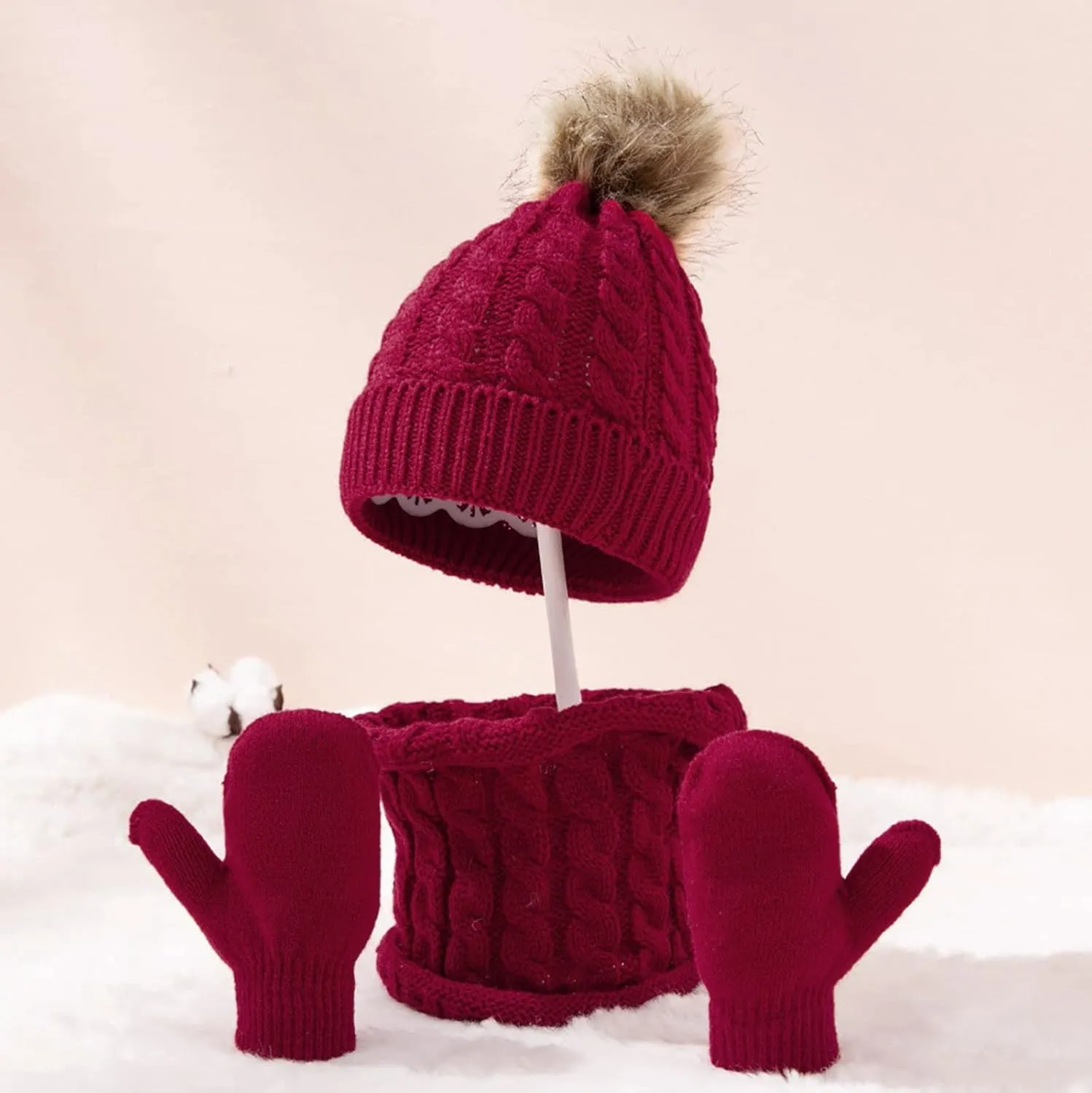 Women Winter Beanie Hat Scarf Gloves Set Fleece Thick Beanie Hat with Pom Pom Knit Neck Scarf Touchscreen Gloves Ski Set