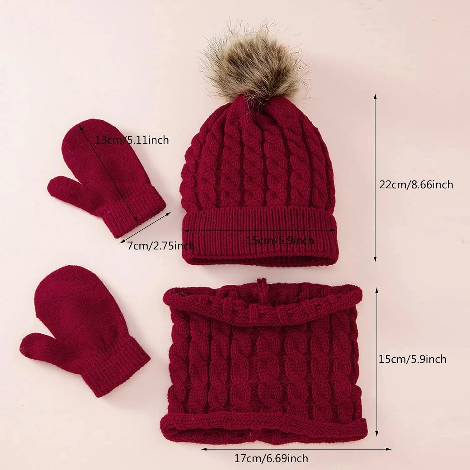 Women Winter Beanie Hat Scarf Gloves Set Fleece Thick Beanie Hat with Pom Pom Knit Neck Scarf Touchscreen Gloves Ski Set