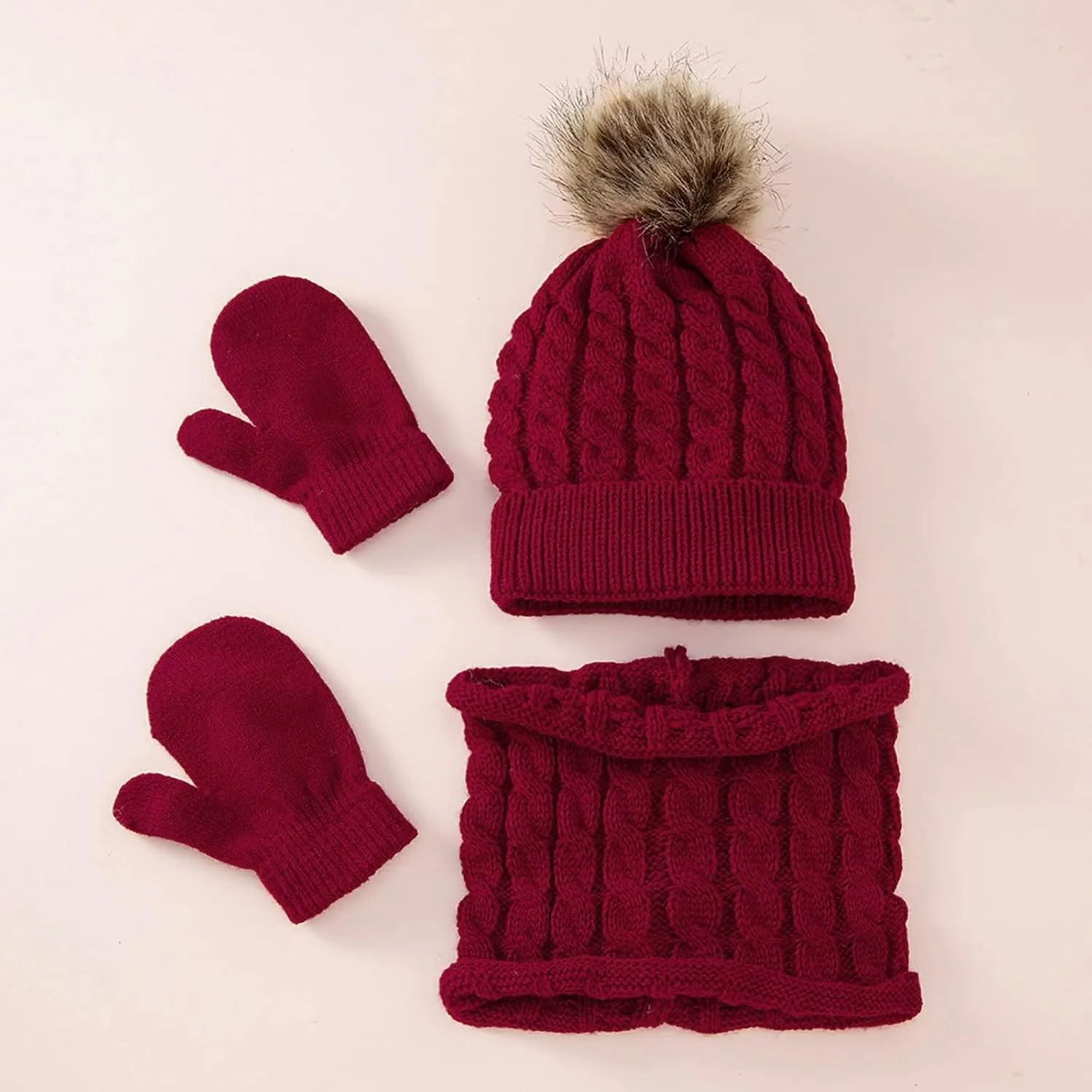 Women Winter Beanie Hat Scarf Gloves Set Fleece Thick Beanie Hat with Pom Pom Knit Neck Scarf Touchscreen Gloves Ski Set