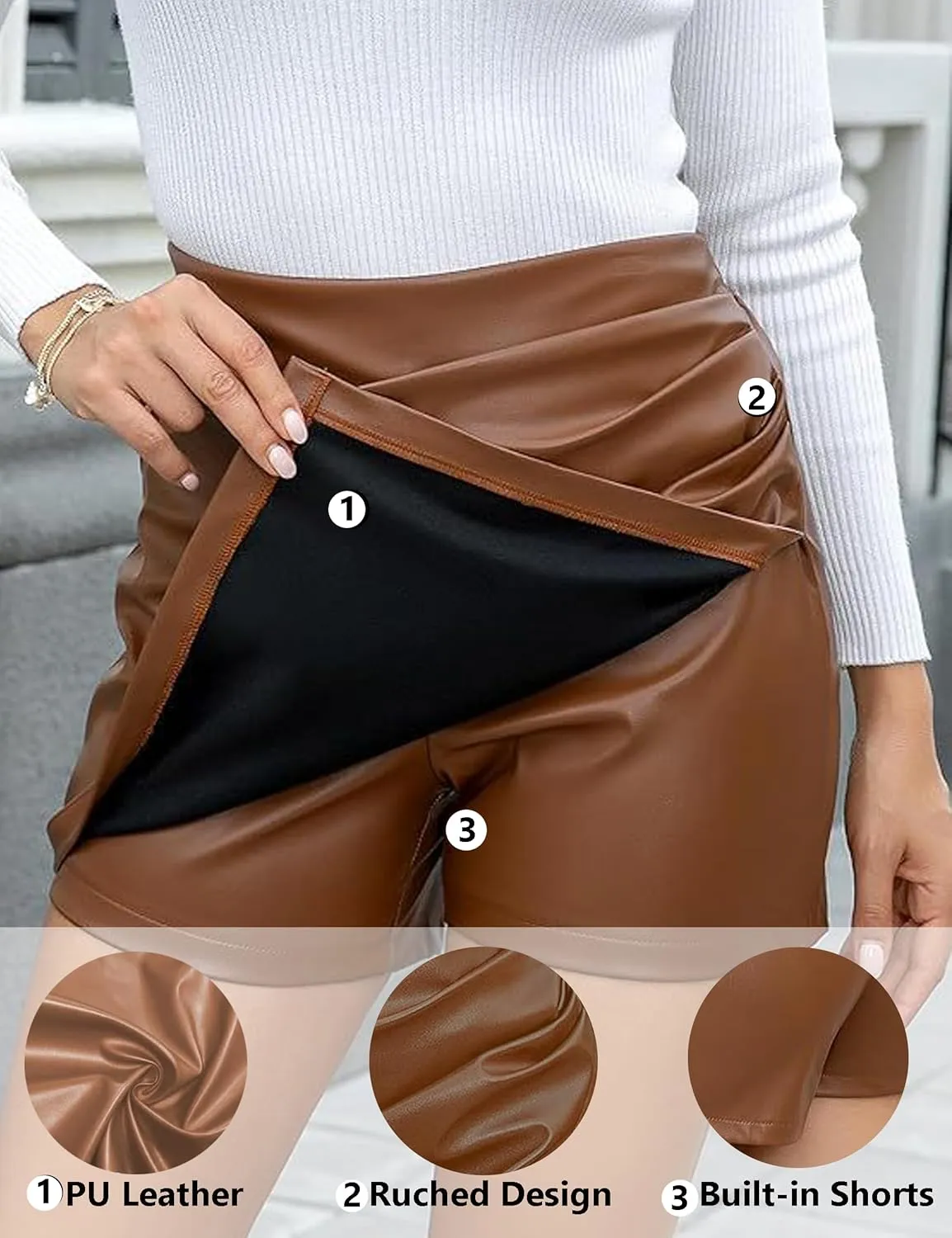 Women's 2 in 1 Pleated Leather Shorts Dressy Casual Ruched Wrap Trendy Asymmetrical Skirt Faux PU Mini Skort