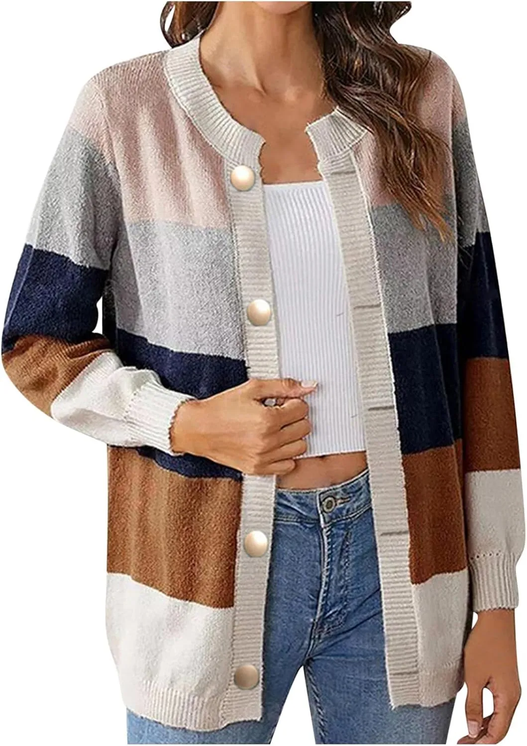 Womens Casual Cropped Open Front Striped Cardigan Color Block Long Sleeve Knit Sweaters Fall Fashion Outfits 2024