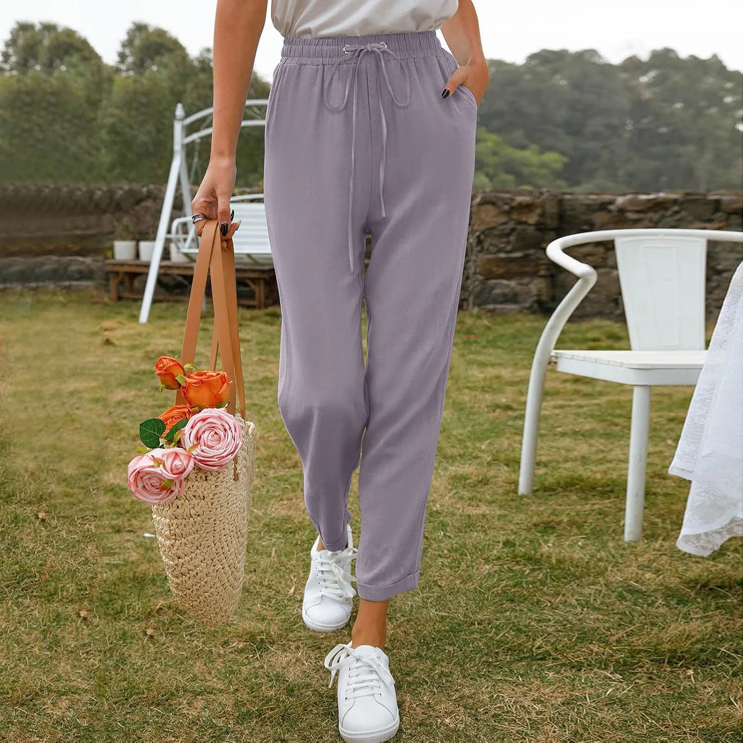 Women's Linen Summer Trousers Casual Lightweight Cotton Linen Trousers Fabric Trousers Airy Leisure Beach Trousers