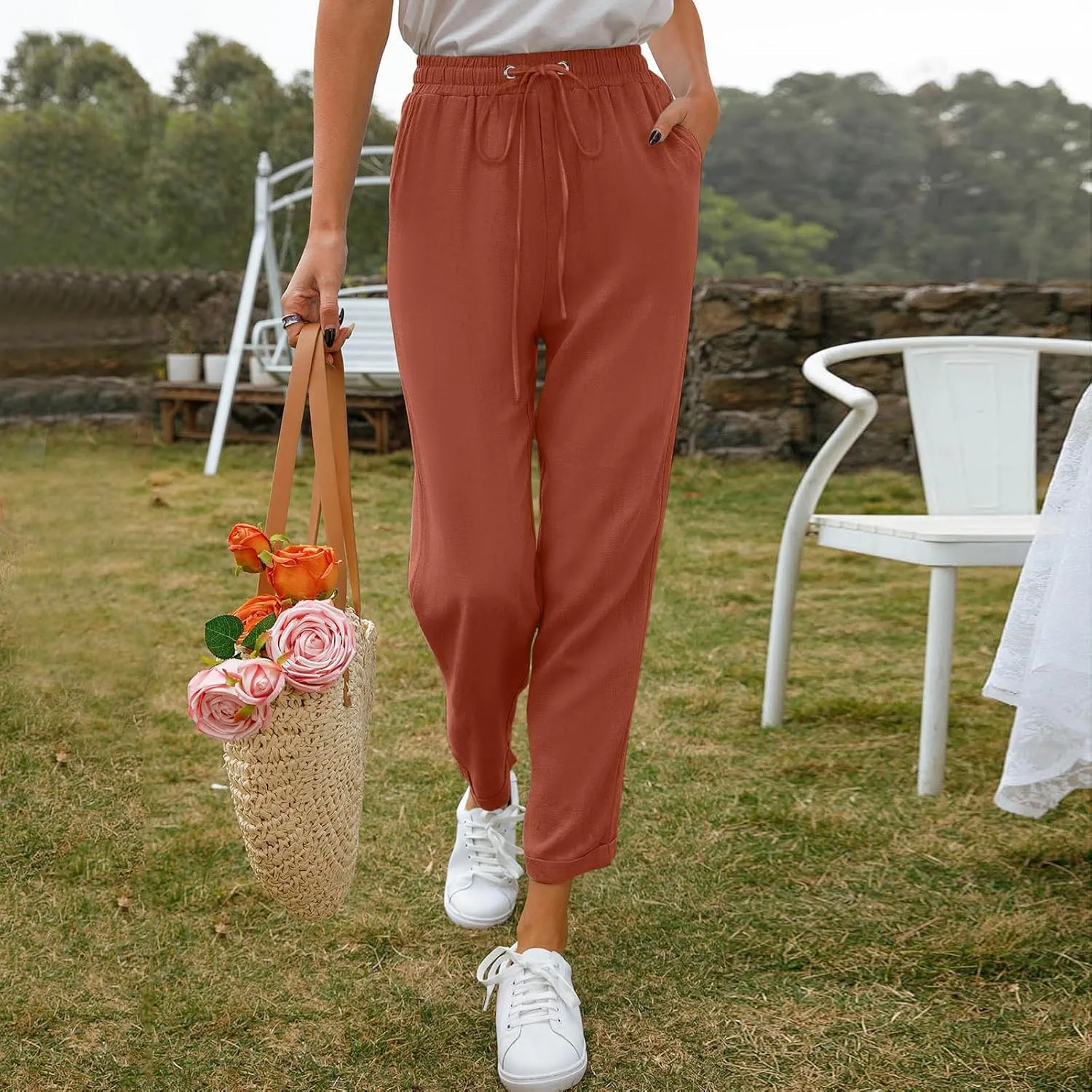 Women's Linen Summer Trousers Casual Lightweight Cotton Linen Trousers Fabric Trousers Airy Leisure Beach Trousers