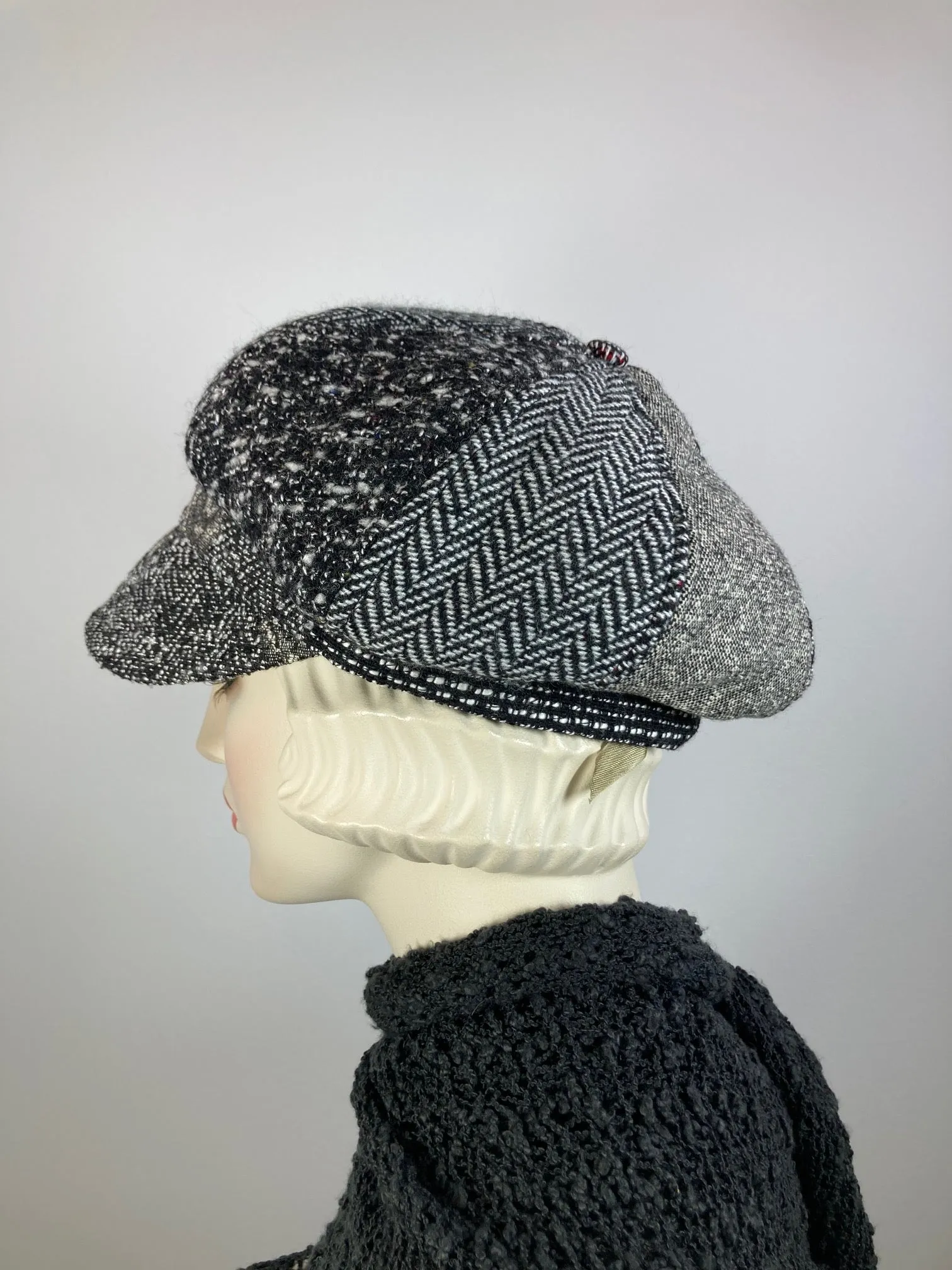 Womens Multi Fabric gray tones newsboy hat. Comfy travel ladies hat. Cozy Chic gray casual beret hat. Gatsby Shabby chic soft ladies hat.