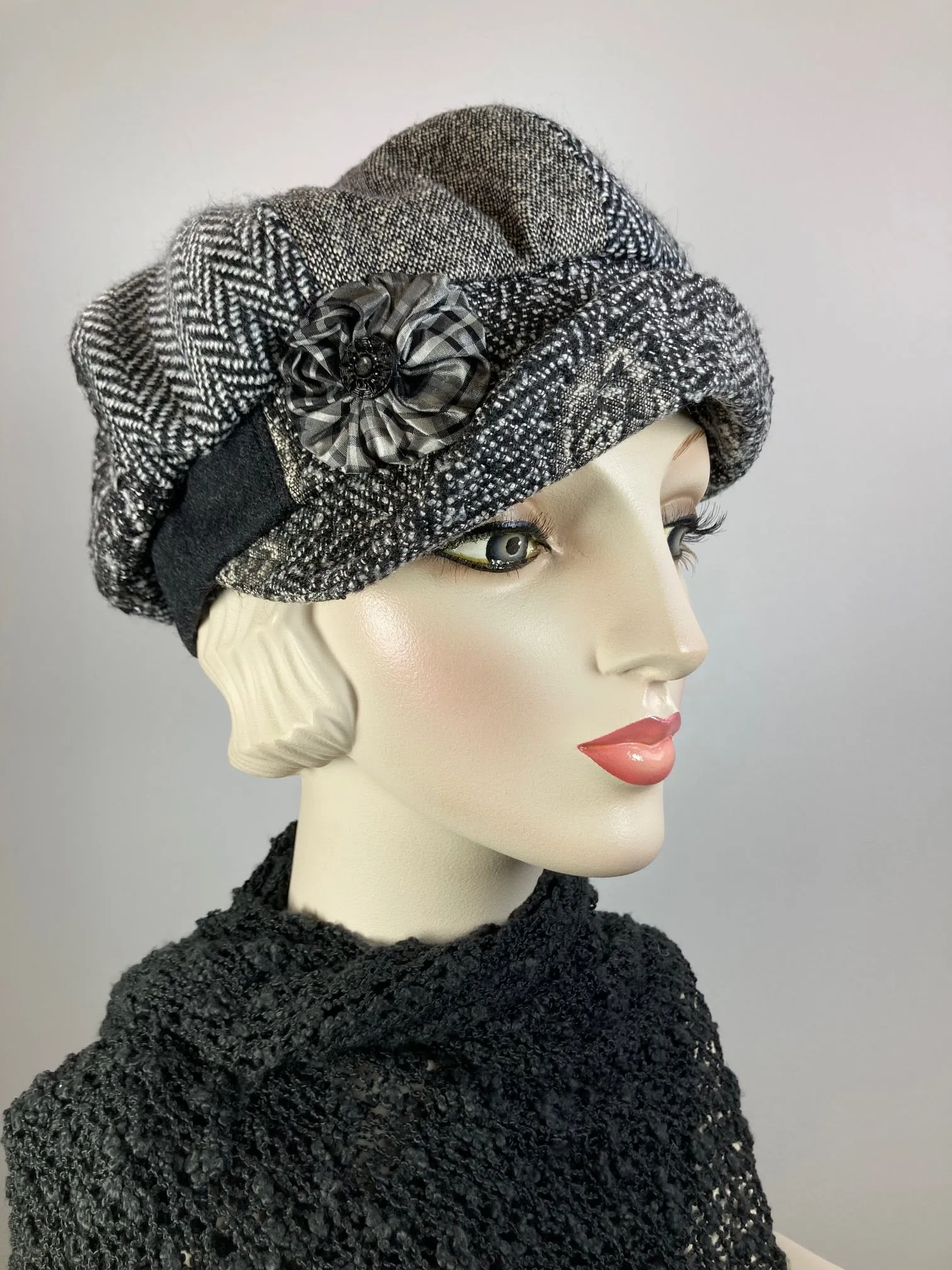 Womens Multi Fabric gray tones newsboy hat. Comfy travel ladies hat. Cozy Chic gray casual beret hat. Gatsby Shabby chic soft ladies hat.