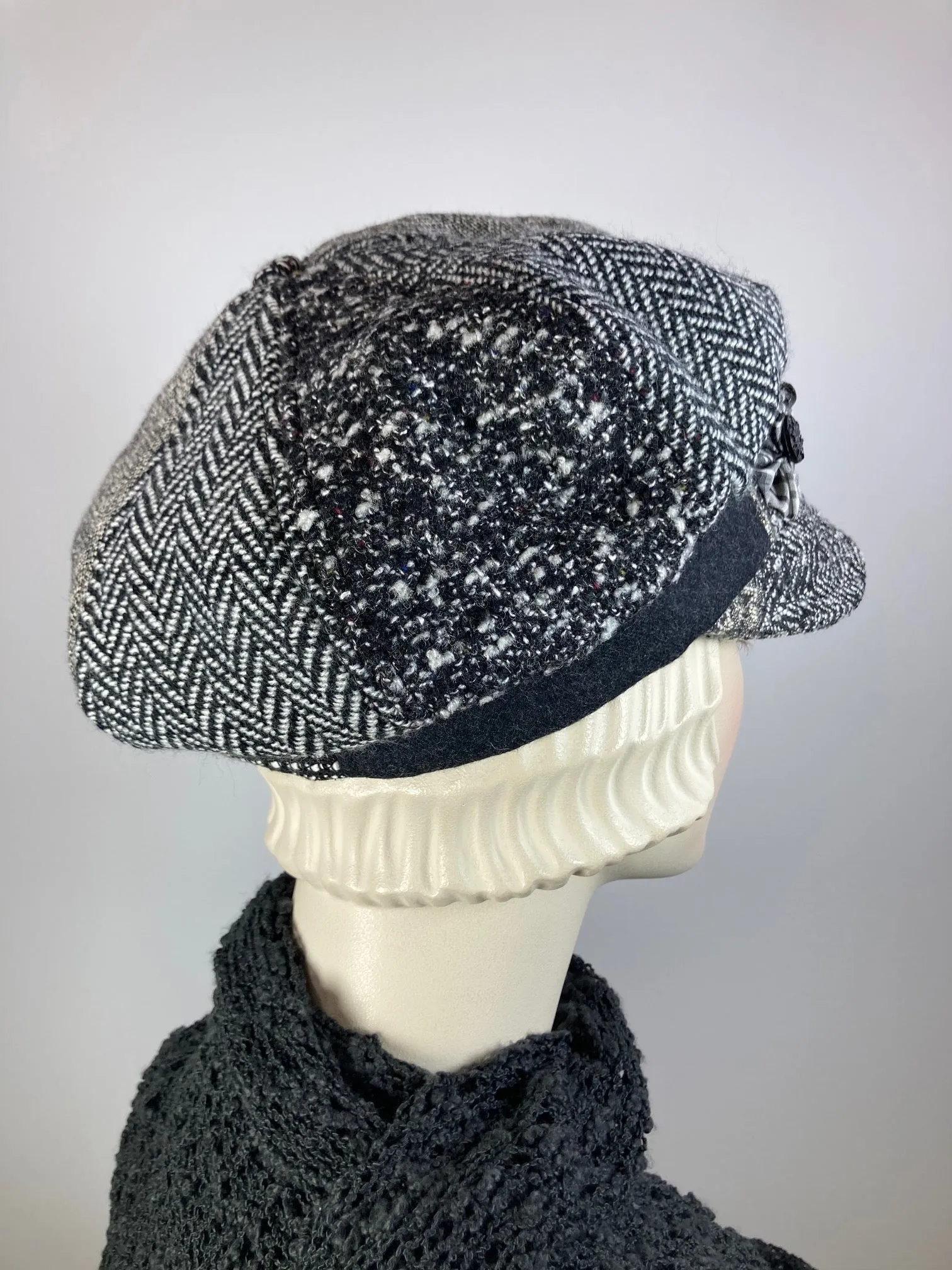 Womens Multi Fabric gray tones newsboy hat. Comfy travel ladies hat. Cozy Chic gray casual beret hat. Gatsby Shabby chic soft ladies hat.