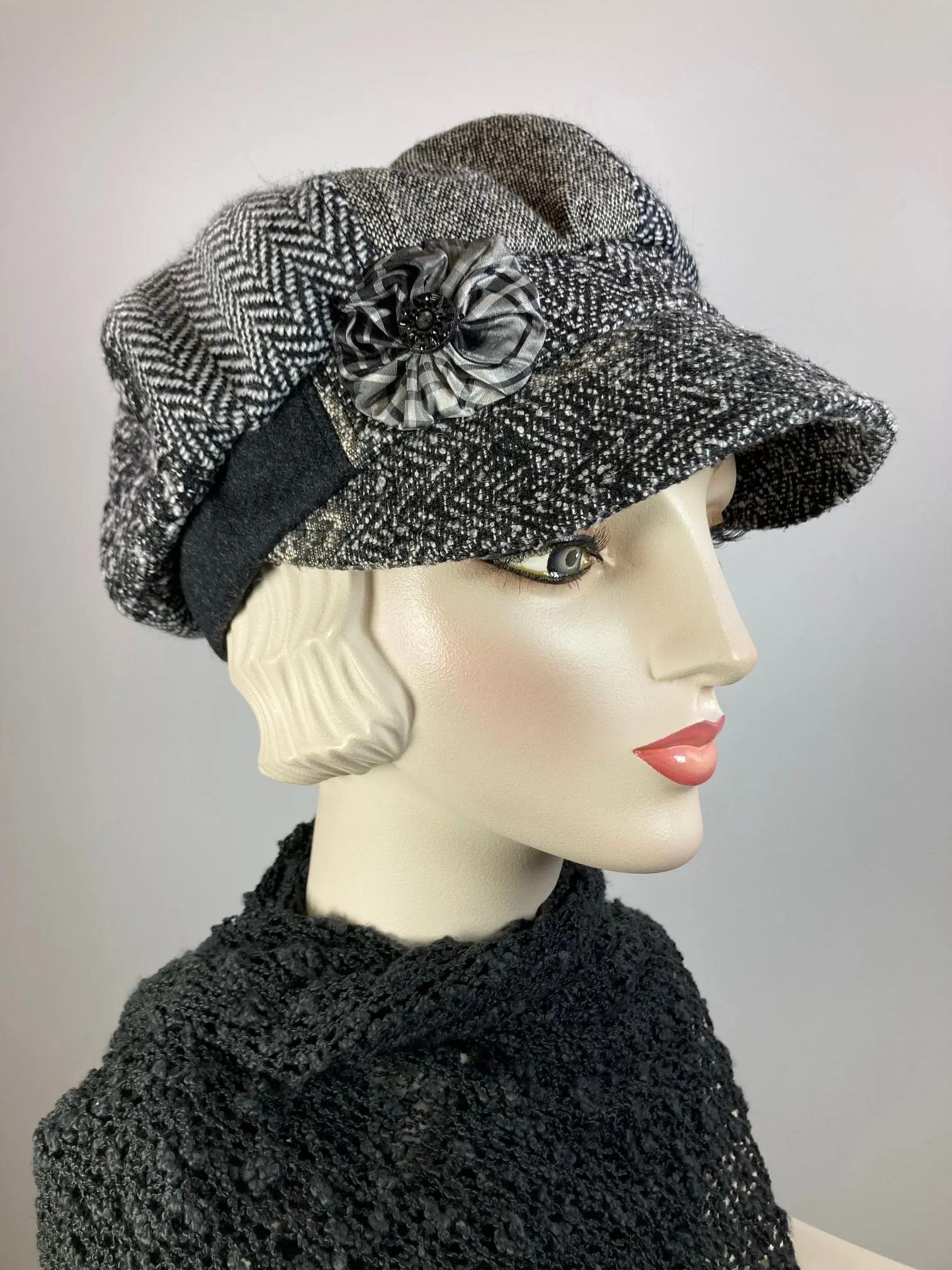 Womens Multi Fabric gray tones newsboy hat. Comfy travel ladies hat. Cozy Chic gray casual beret hat. Gatsby Shabby chic soft ladies hat.
