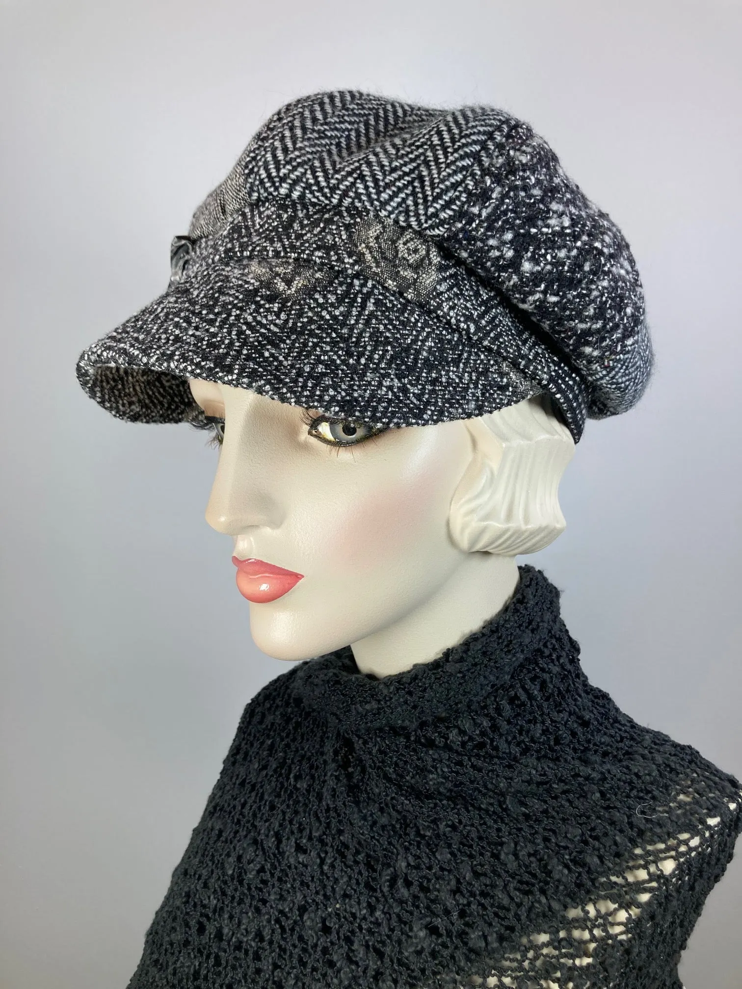 Womens Multi Fabric gray tones newsboy hat. Comfy travel ladies hat. Cozy Chic gray casual beret hat. Gatsby Shabby chic soft ladies hat.