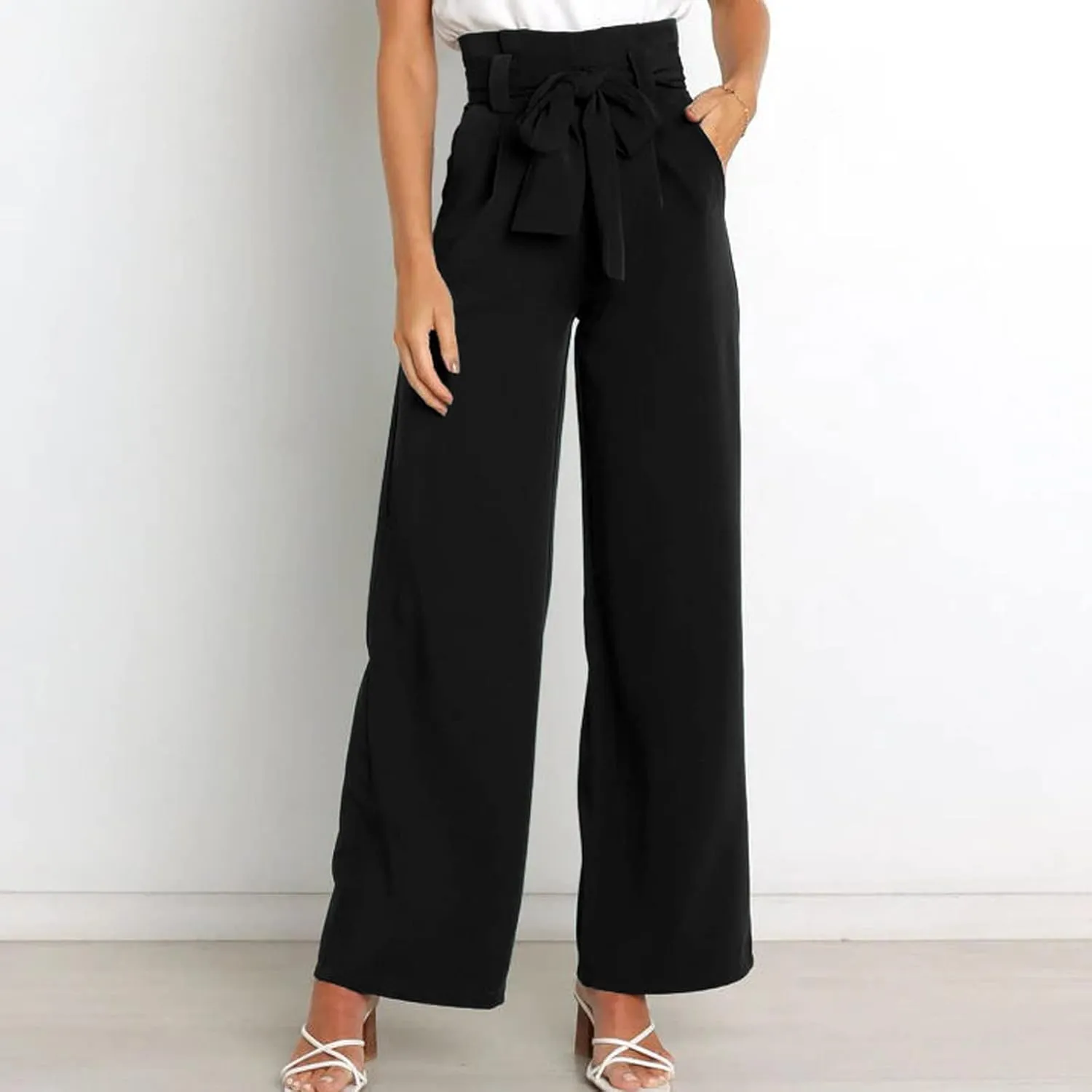 Women's Wide Leg Pants High Elastic Waisted in The Back Business Work Trousers Long Straight Suit Pants