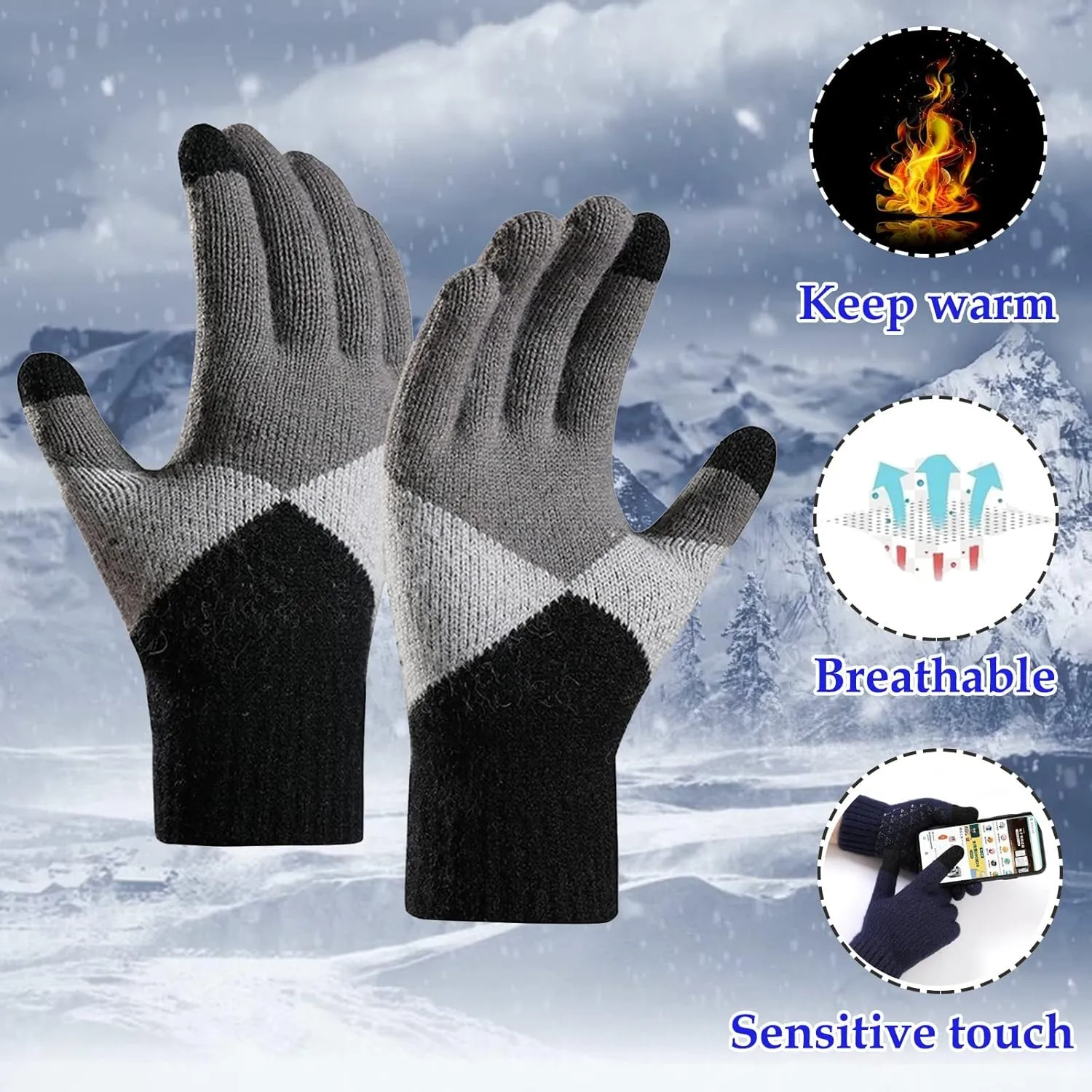 Women's Winter Touchscreen Gloves Elastic Cuff Texting Gloves Winter Warm Lined Knit Gloves